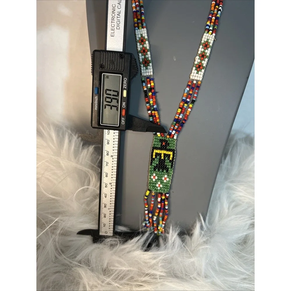 VTG Native American Handmade Seed Beaded Necklace Thunderbird Design Multicolor